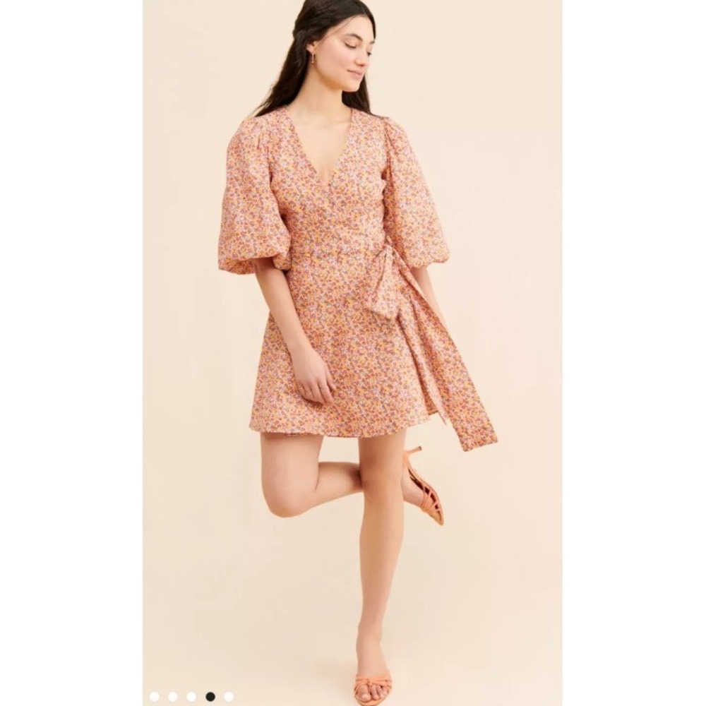 MinkPink Morwell‎ Mini Dress Wrap Dress  Puff Sleeves Crinkle Crepe Floral Small